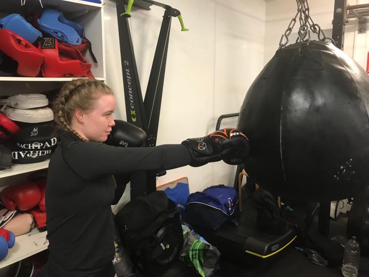 Ffion throws a straight right in the gym Ffion throws a straight right in the gym